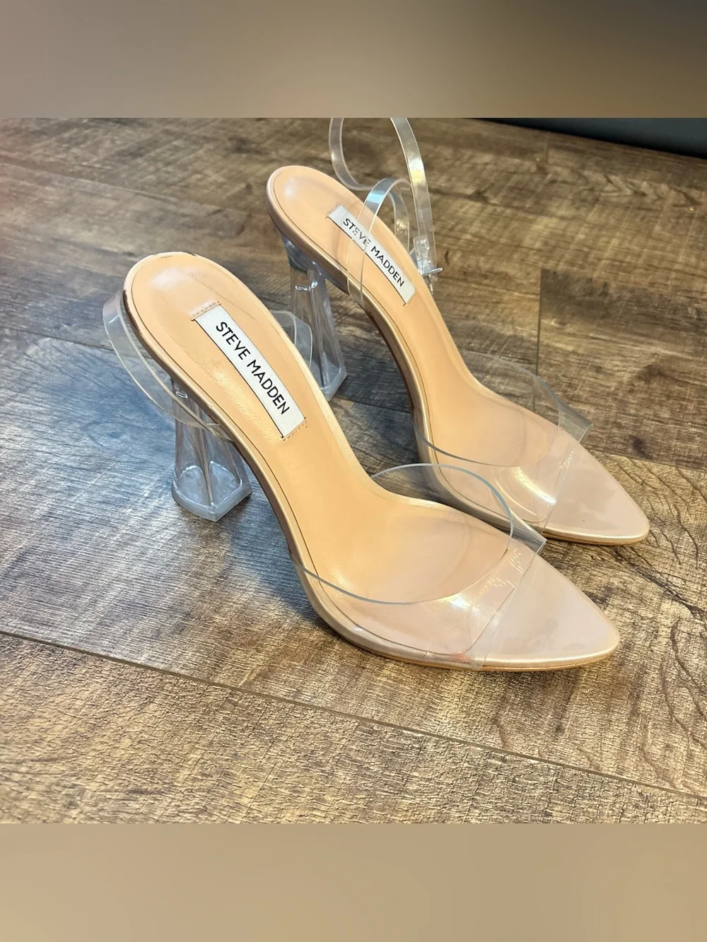 Steve Madden Clear PVC Strap Nude Insole Block Heel Sandals